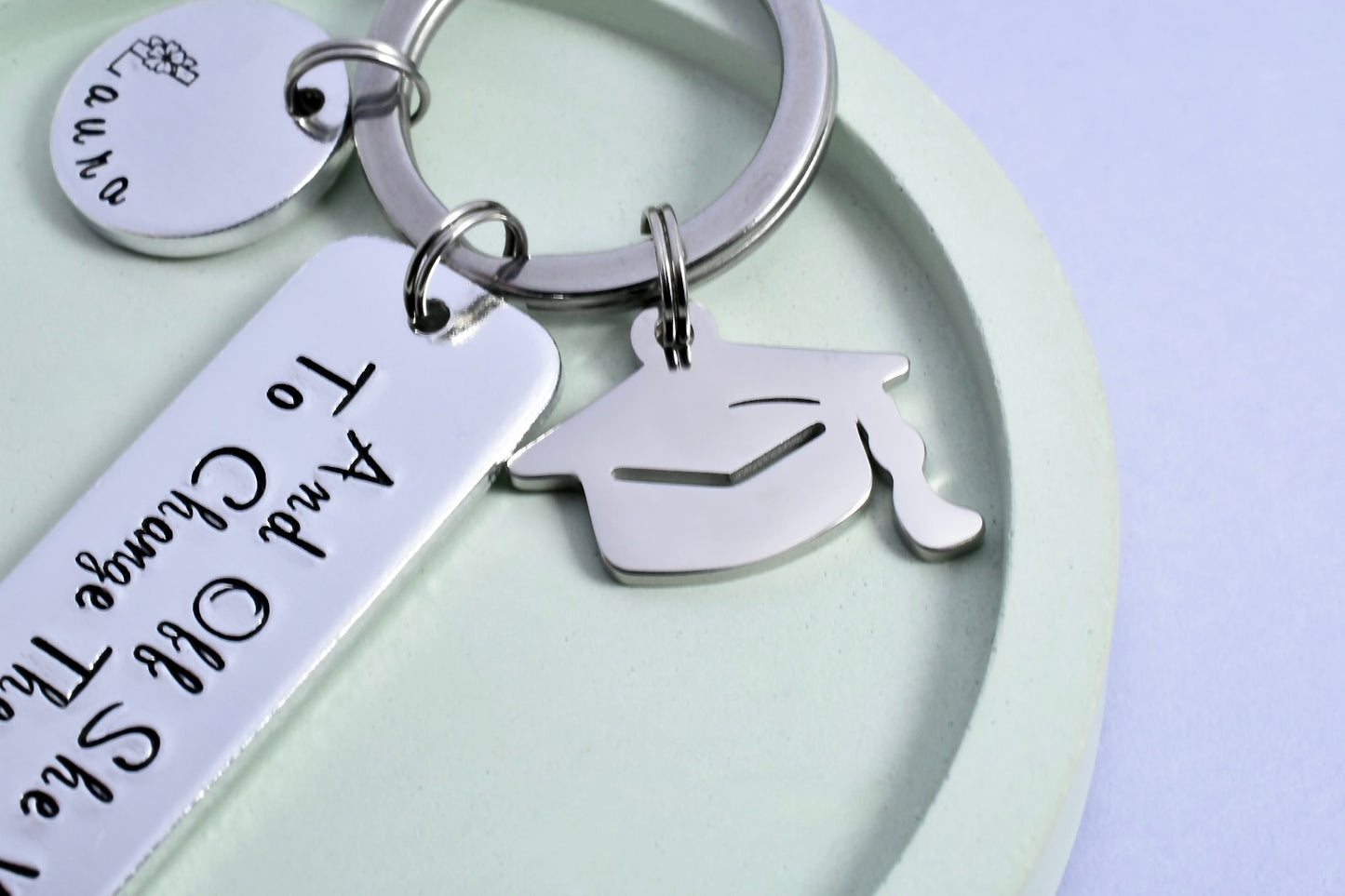 Personalised "And Off She Went To Change The World" Keyring • Graduation Keyring • Optional Mortarboard Charm • Grad Gift • Leaving Home