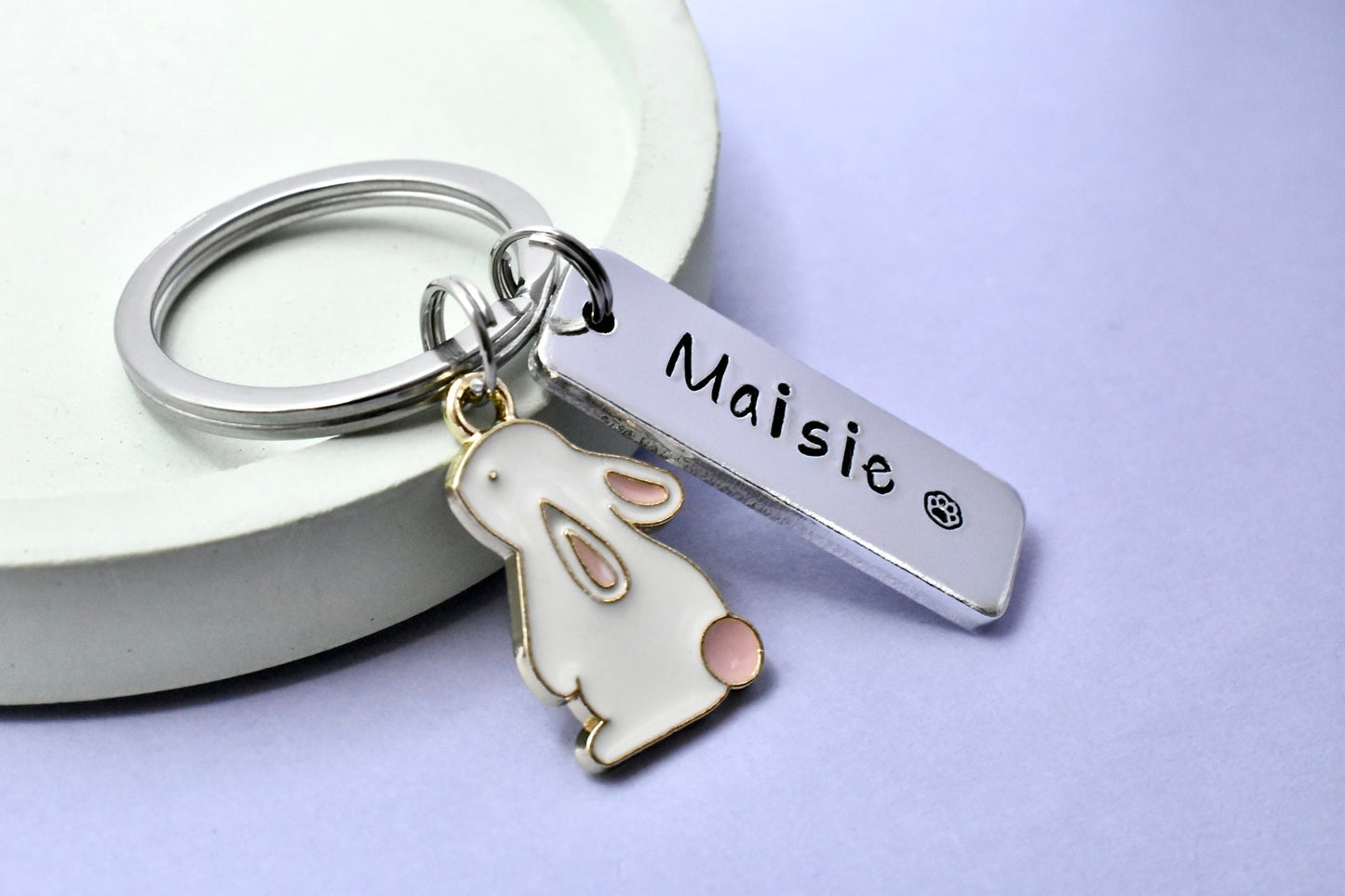 Personalised Bunny Keyring • White Rabbit Shaped Keyring • Pet Remembrance Keepsake • Pet Name • Rabbit Owner Gift • Stocking Filler