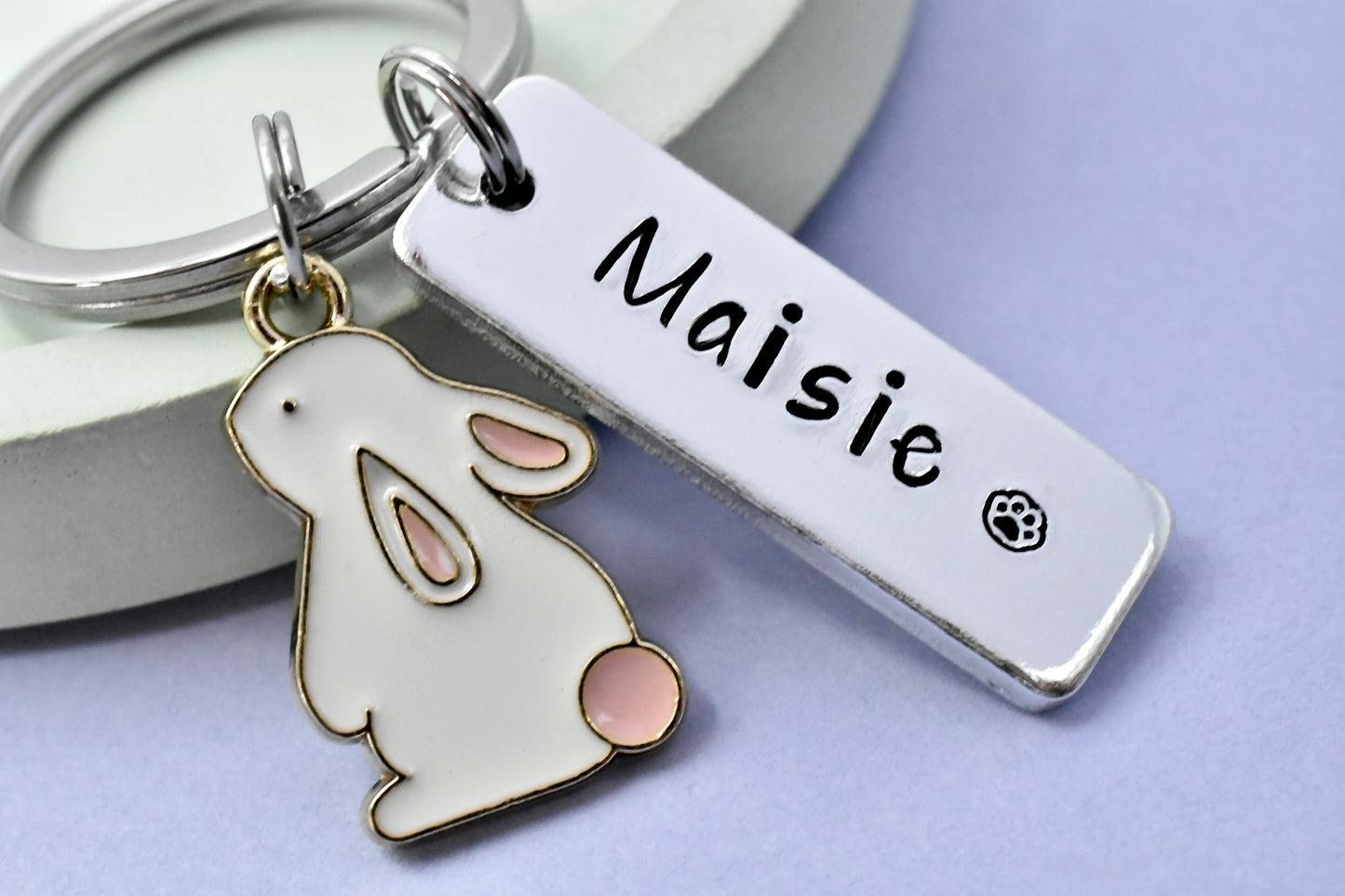 Personalised Bunny Keyring • White Rabbit Shaped Keyring • Pet Remembrance Keepsake • Pet Name • Rabbit Owner Gift • Stocking Filler