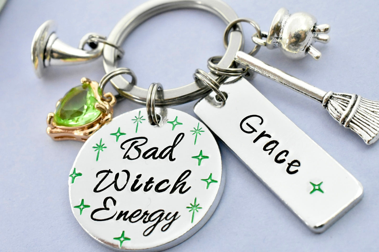 Bad Witch Energy Keyring • Personalised Green Witch Keychain • Charm Key Ring • Good Witch Energy • Pink Witch Keychain • Witchy Gift