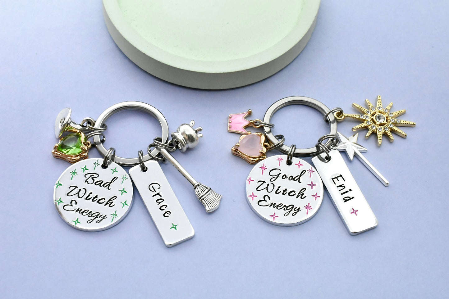 Bad Witch Energy Keyring • Personalised Green Witch Keychain • Charm Key Ring • Good Witch Energy • Pink Witch Keychain • Witchy Gift