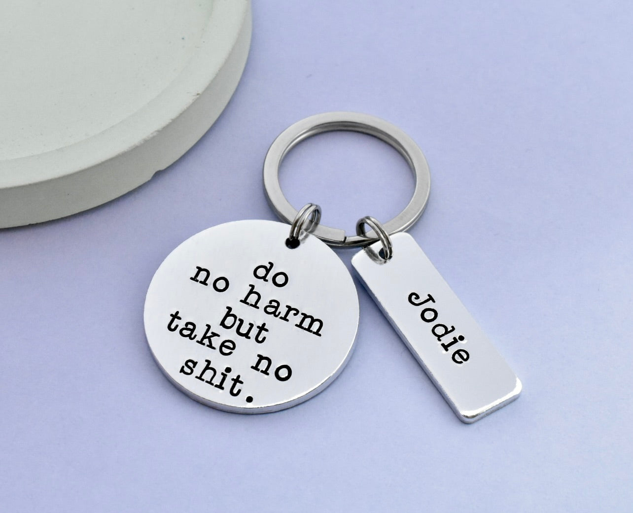 Do No Harm But Take No Shit Keyring • Personalised Name Tag • Motivational Gift for Uni, Moving Out, Travel or New Job