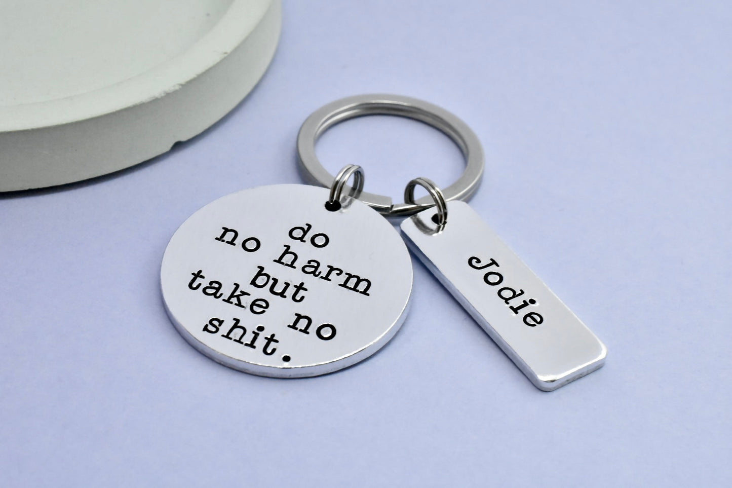Do No Harm But Take No Shit Keyring • Personalised Name Tag • Motivational Gift for Uni, Moving Out, Travel or New Job