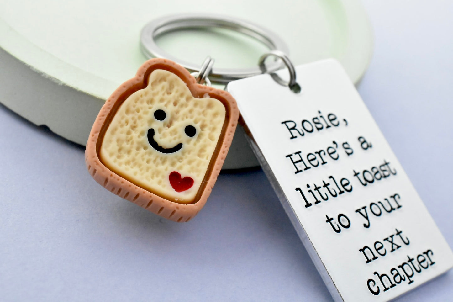 Personalised “Here’s a Little Toast” Keyring • Choose Your Phrase • New Chapter, New Job, New Home or Just to You • Cute Toast Charm
