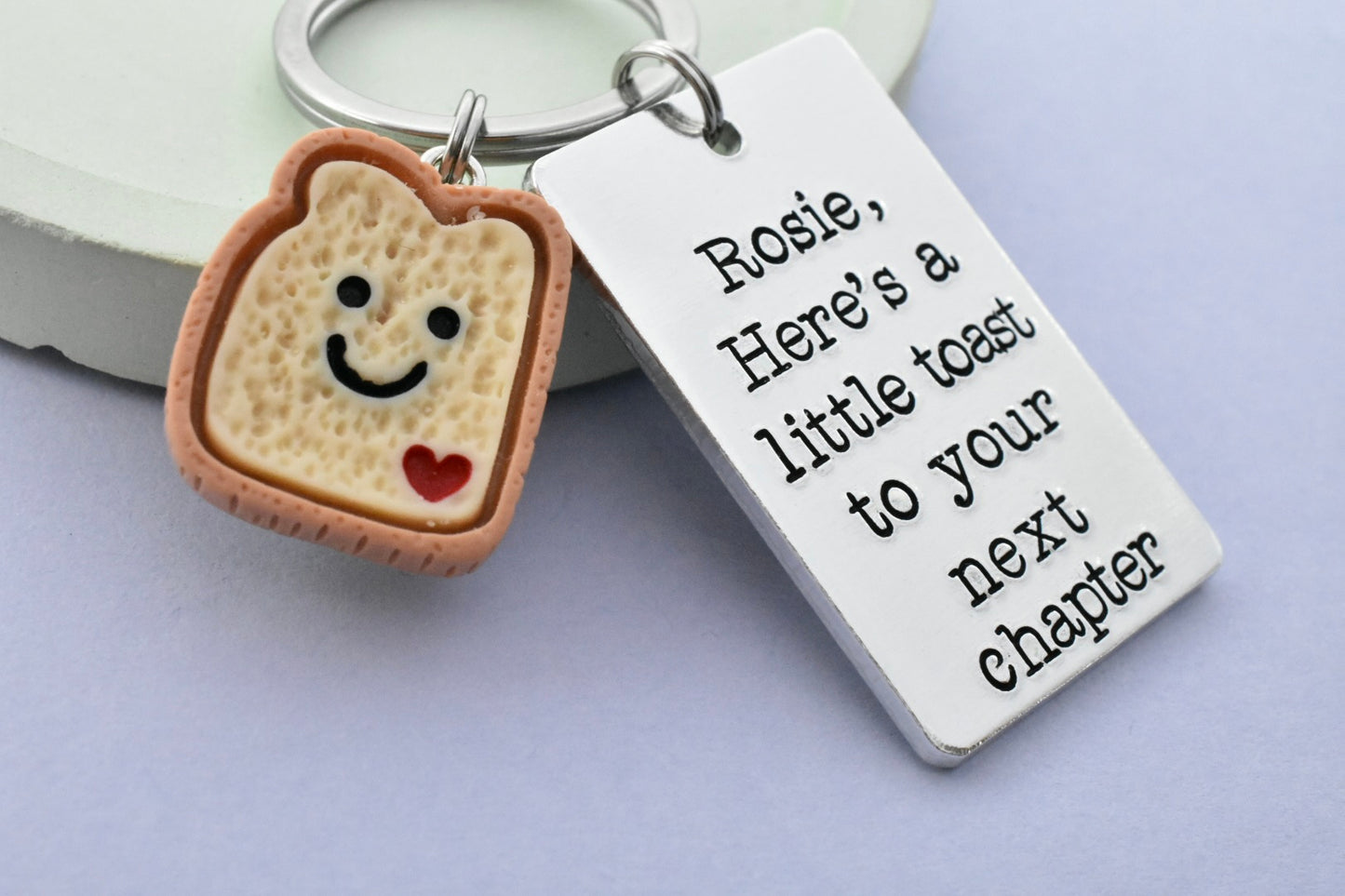 Personalised “Here’s a Little Toast” Keyring • Choose Your Phrase • New Chapter, New Job, New Home or Just to You • Cute Toast Charm