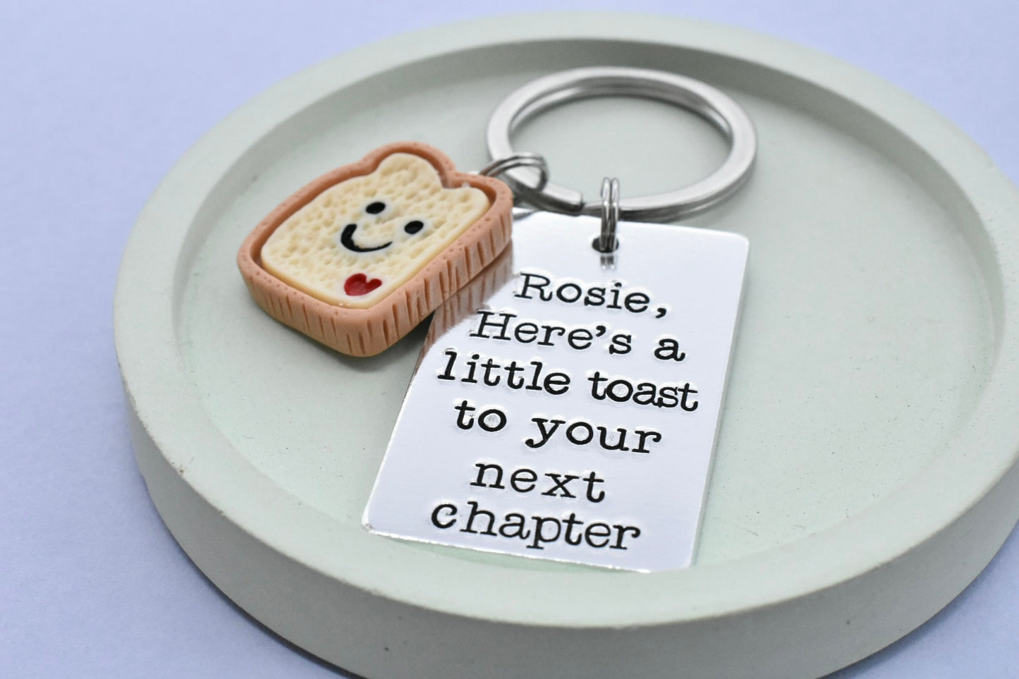 Personalised “Here’s a Little Toast” Keyring • Choose Your Phrase • New Chapter, New Job, New Home or Just to You • Cute Toast Charm