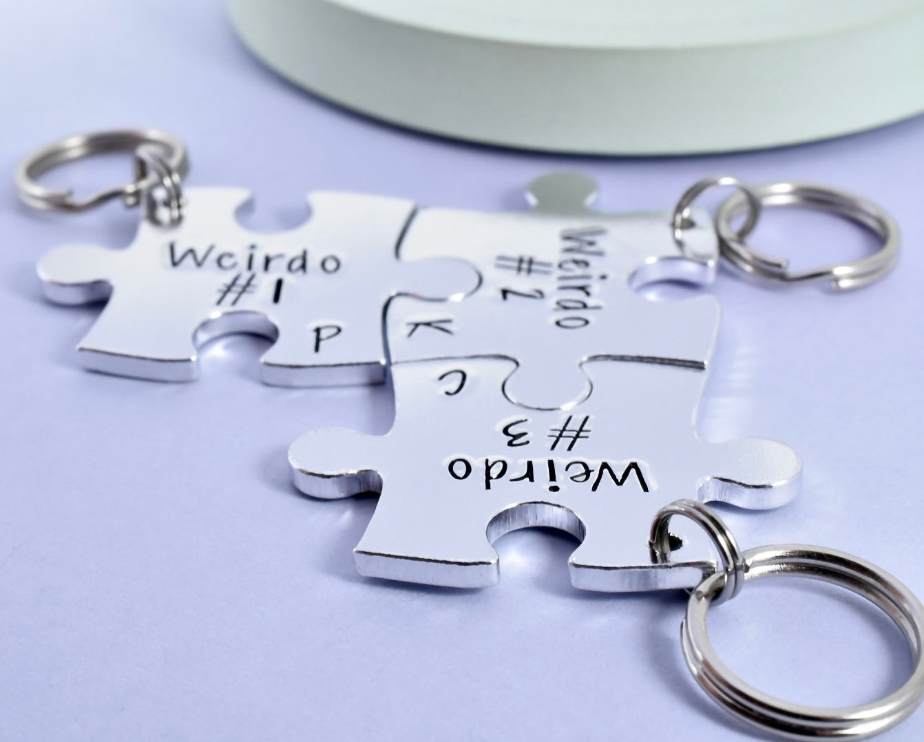 Personalised Small Puzzle Piece Keyrings • Friend Key Ring Set •Friendship Gift• Weirdo 1 • Initialed Aluminium Jigsaw Piece Keychain