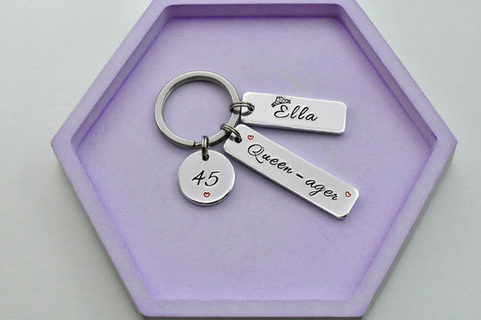 Personalised Birthday Keyring for Women • Queen-ager Gift • Custom Name & Age • Handmade in UK • Middle-Age Birthday Idea