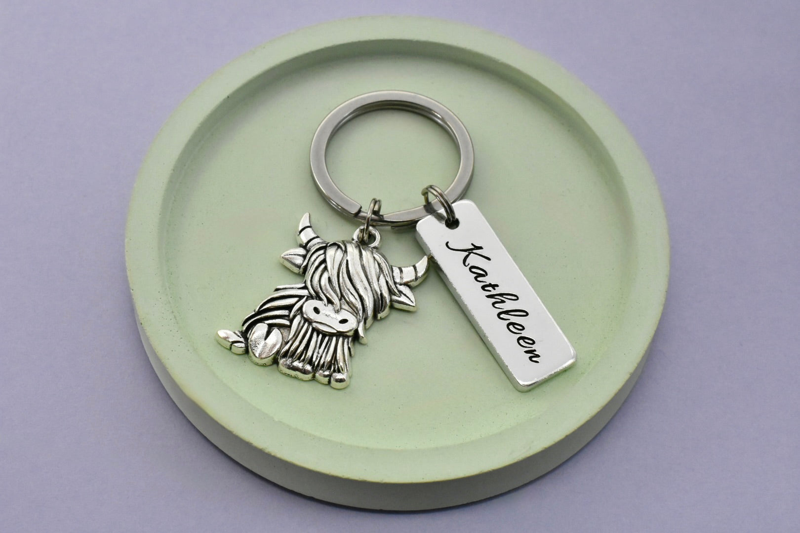 Personalised Highland Cow keyring with hand stamped name tag