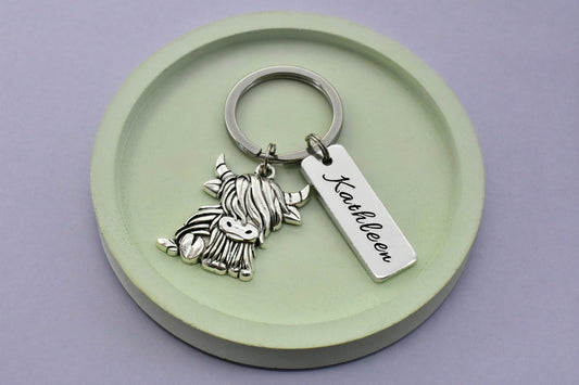 Personalised Highland Cow keyring with hand stamped name tag