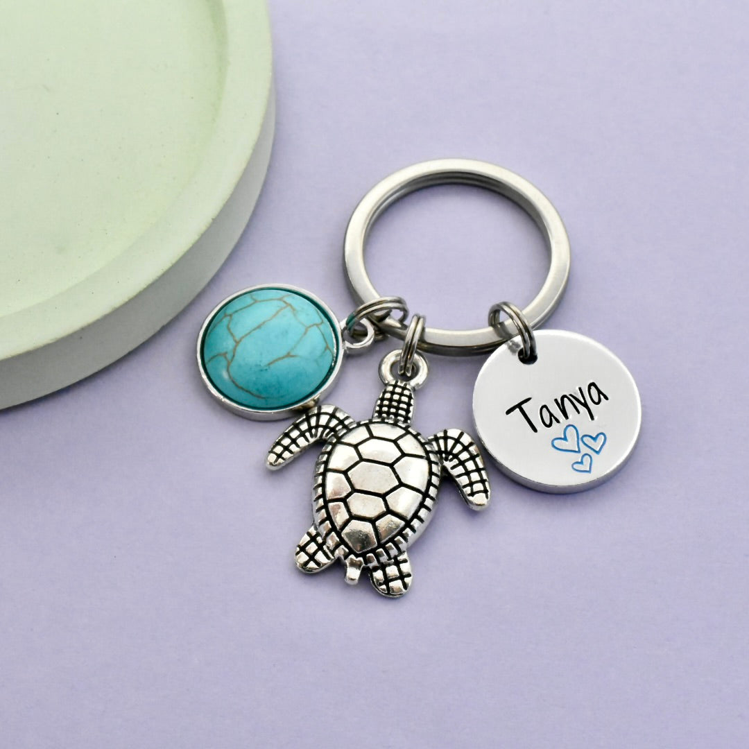 Personalised Turtle Keyring with Turquoise Charm | Custom Name Gift