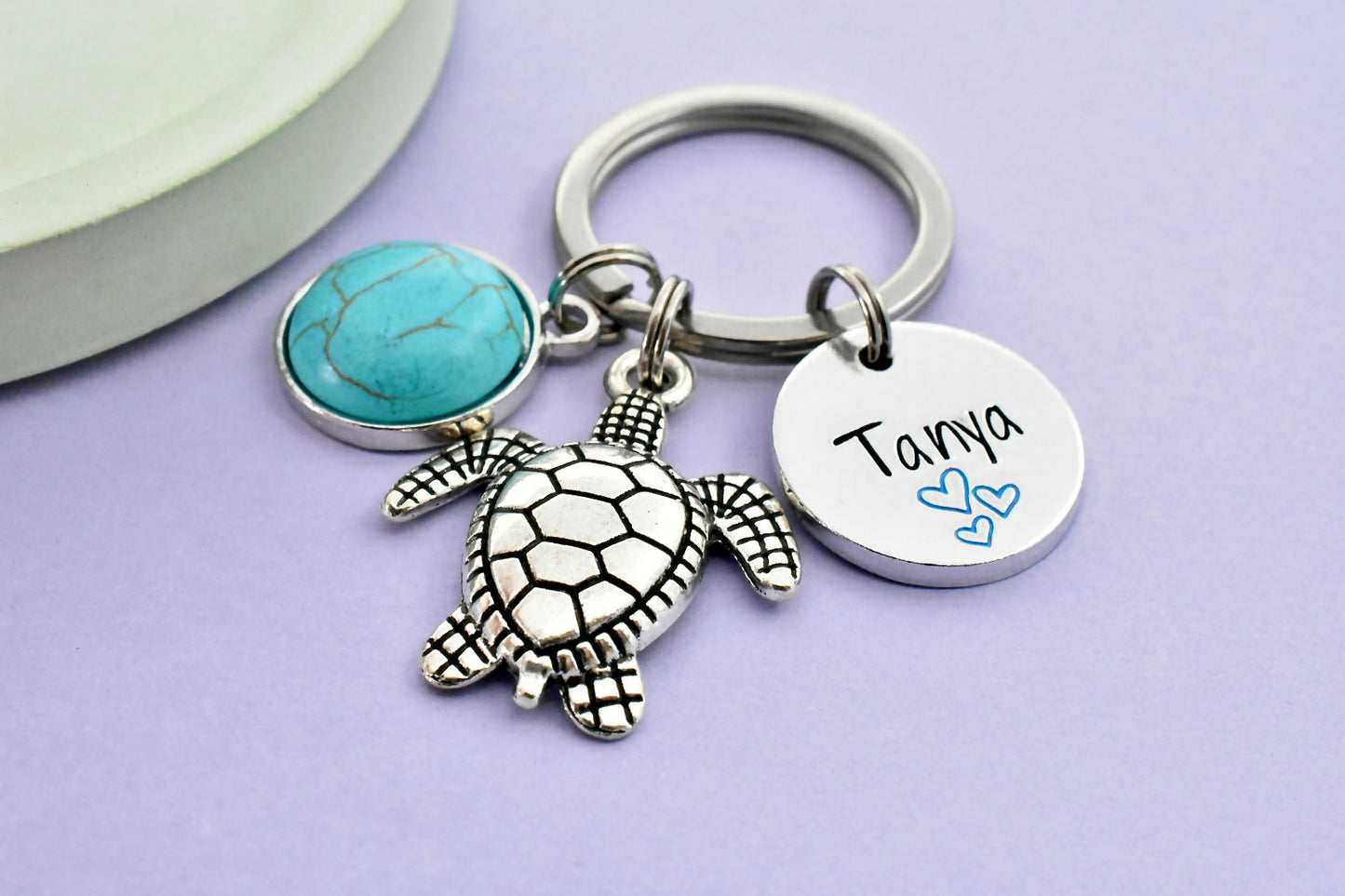 Personalised Turtle Keyring with Turquoise Charm | Custom Name Gift