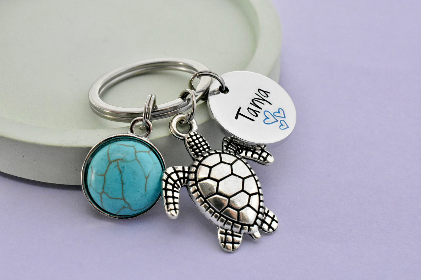 Personalised Turtle Keyring with Turquoise Charm | Custom Name Gift