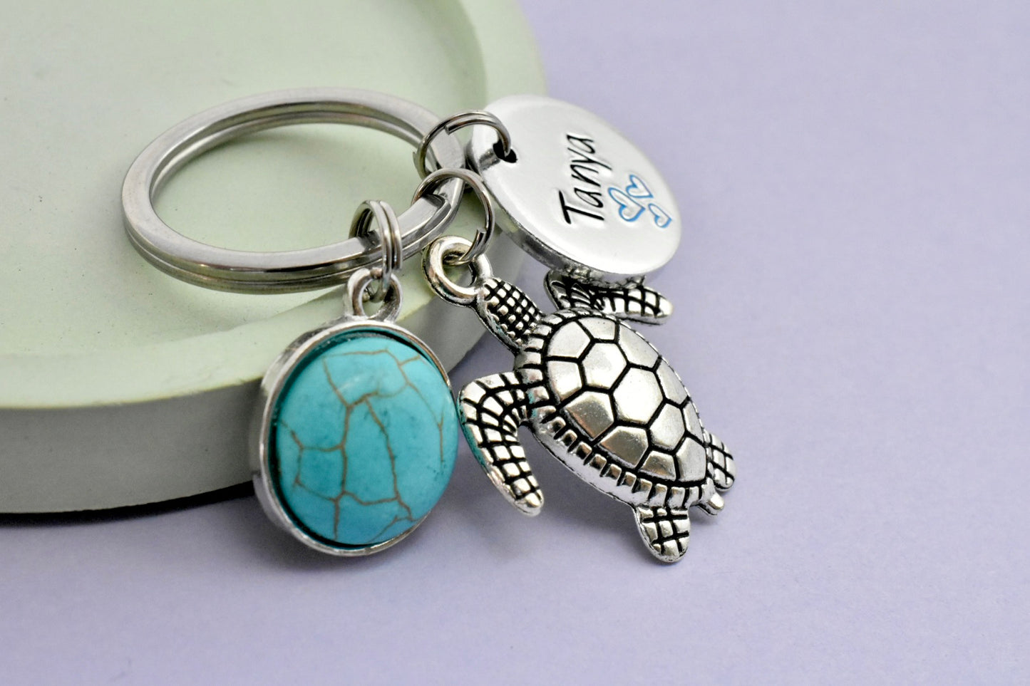 Personalised Turtle Keyring with Turquoise Charm | Custom Name Gift