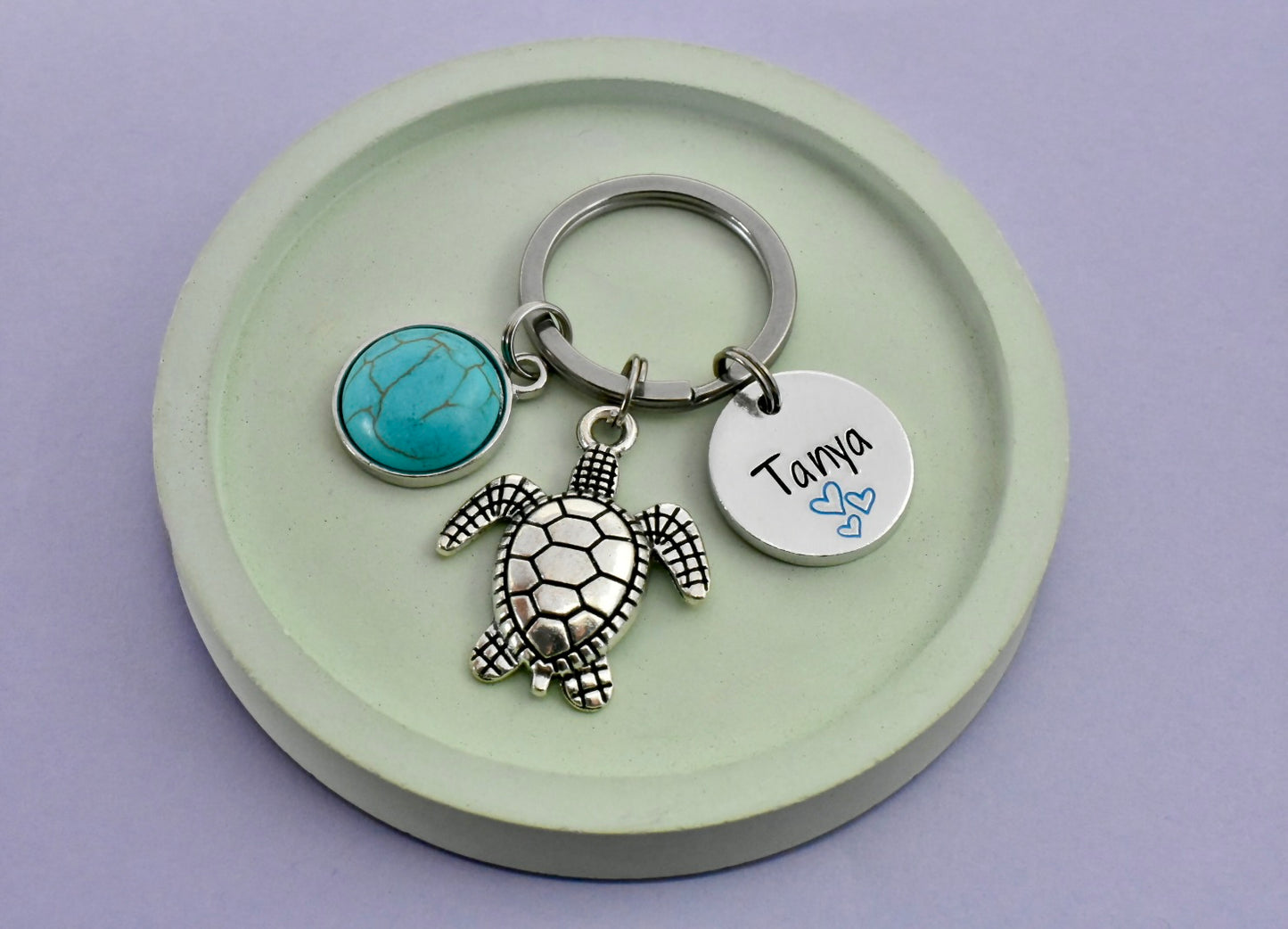 Personalised Turtle Keyring with Turquoise Charm | Custom Name Gift