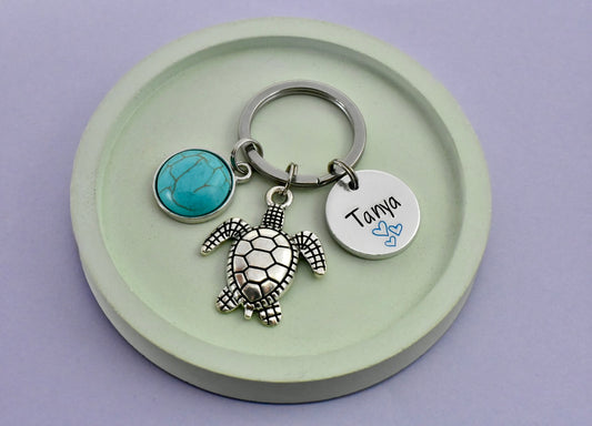 Personalised Turtle Keyring with Turquoise Charm | Custom Name Gift