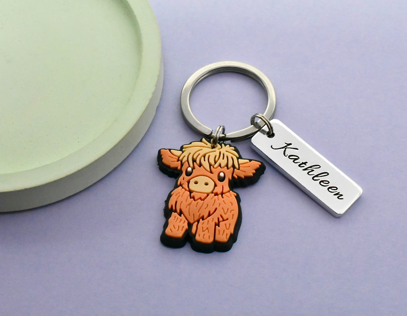 Personalised Highland Cow Keyring with Custom Name - Cute Cow Keychain Gift