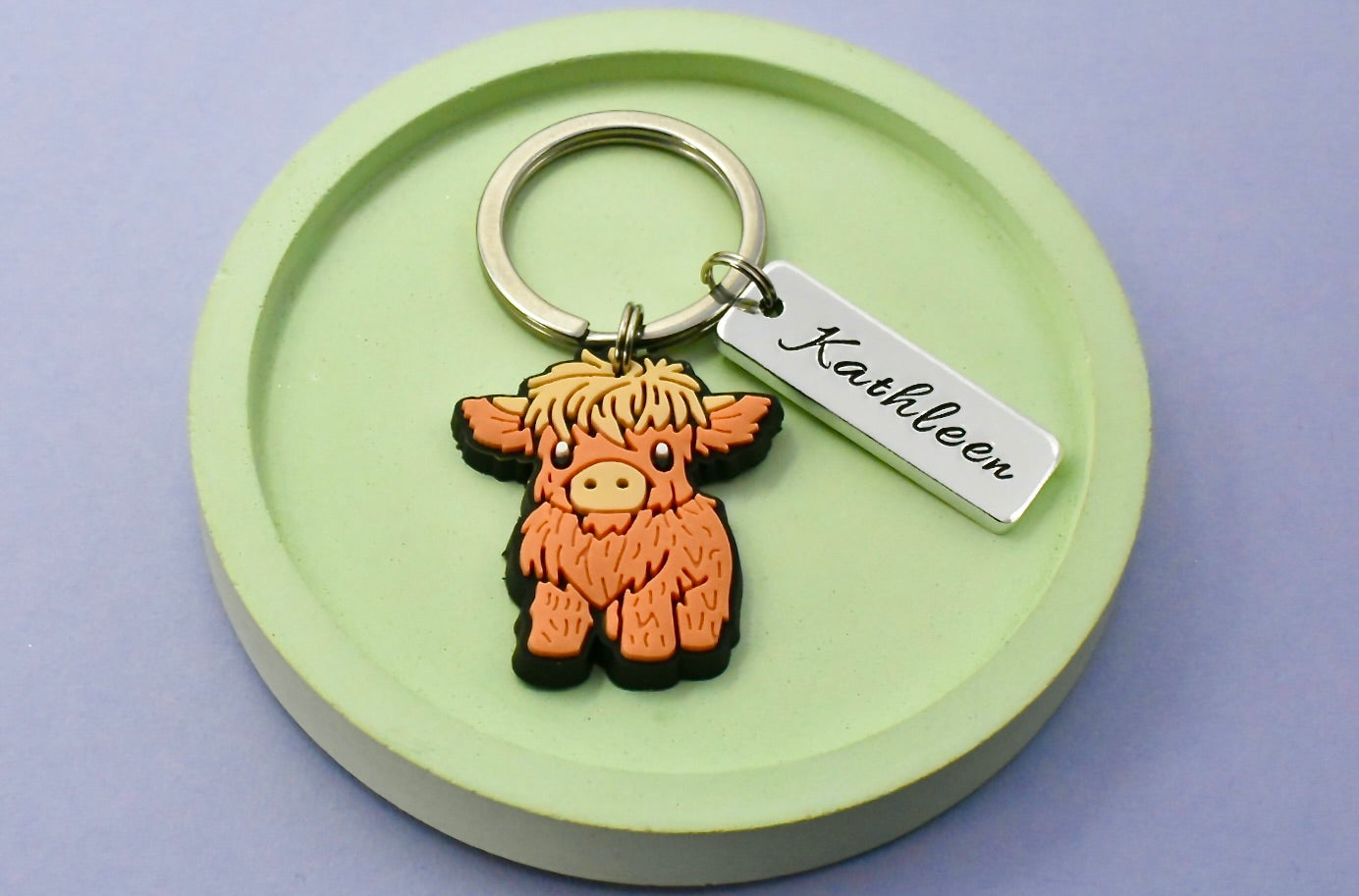 Personalised Highland Cow Keyring with Custom Name - Cute Cow Keychain Gift