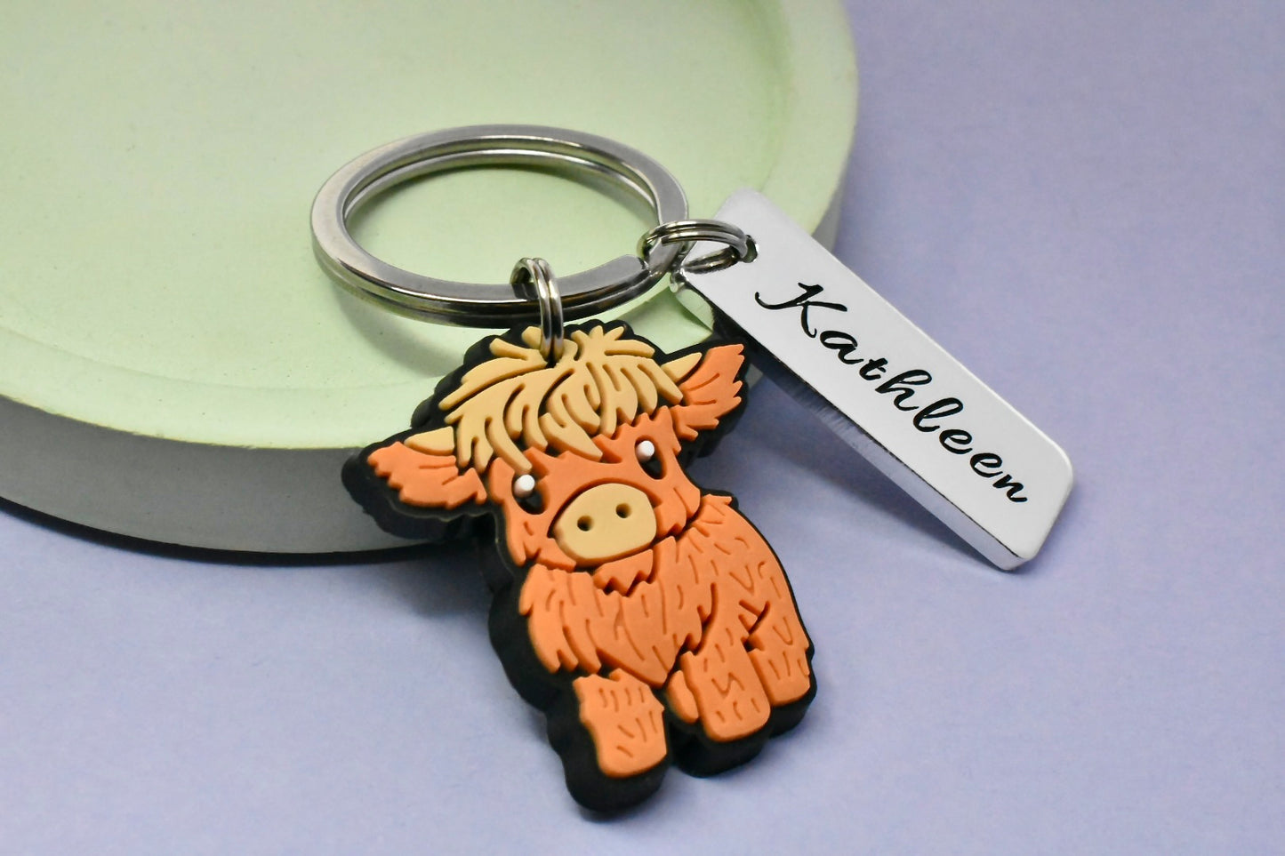 Personalised Highland Cow Keyring with Custom Name - Cute Cow Keychain Gift