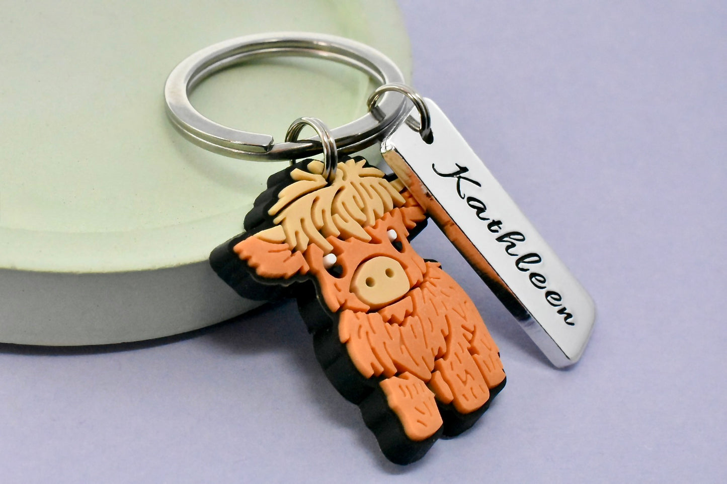 Personalised Highland Cow Keyring with Custom Name - Cute Cow Keychain Gift