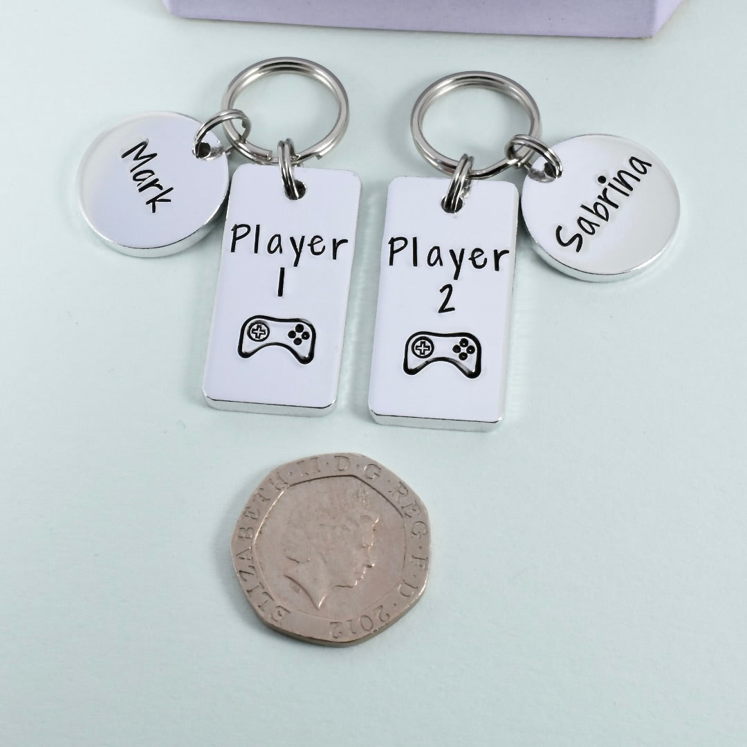 Personalised Gaming Keyrings • Set of 2 • Couple Key Ring or Friendship Gift • Player 1 • Player 2 • Game Controller Keyring • Gaming Couple
