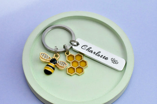 Personalised Bee Keyring • Custom Name • Nature Lover Keychain • Beekeeper Gift