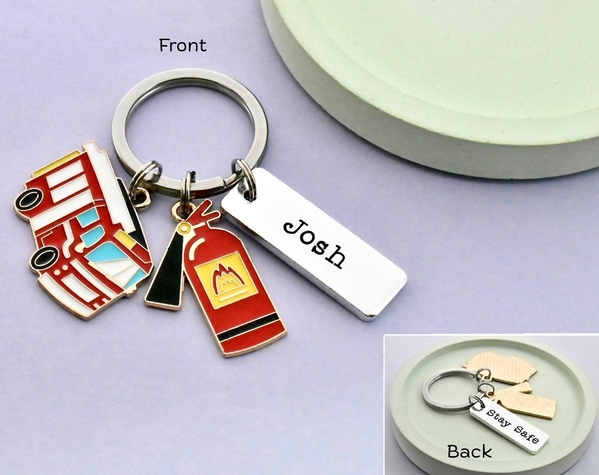 Personalised Firefighter Keyring - Fire Engine & Extinguisher Gift