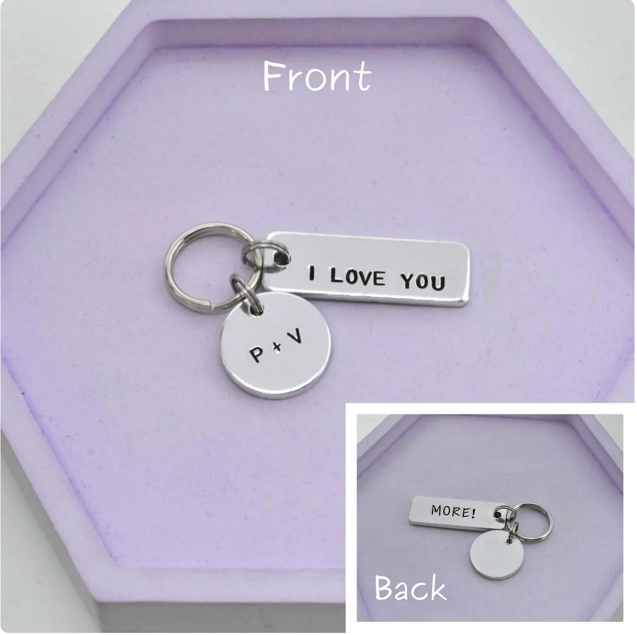 Keychain with 'I LOVE YOU' and initials on a purple display box.