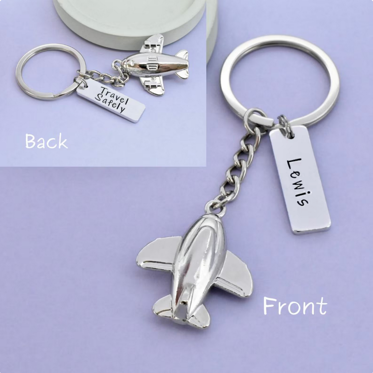 Silver airplane keychain with 'Travel Safely' and 'Lewis' charms on a purple background