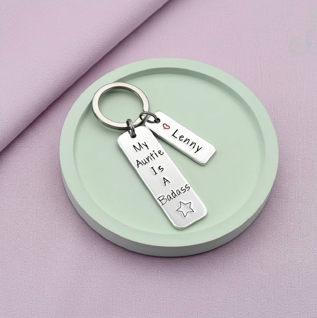 Personalised "My Auntie Is A Badass" Keyring • Custom Name • Cool Auntie Gift • Uncle Gift • Strong Aunty Gift • Fun Keyring
