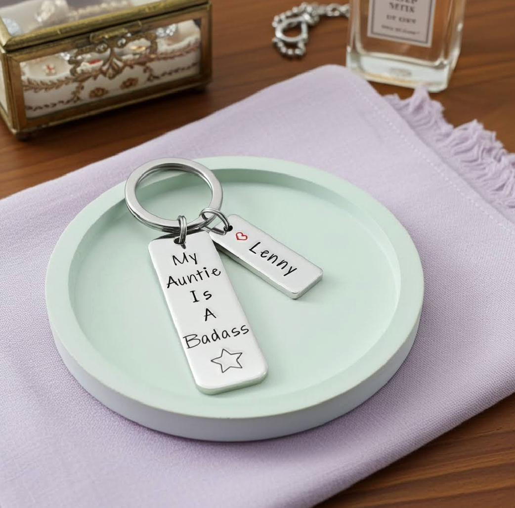 Personalised "My Auntie Is A Badass" Keyring • Custom Name • Cool Auntie Gift • Uncle Gift • Strong Aunty Gift • Fun Keyring