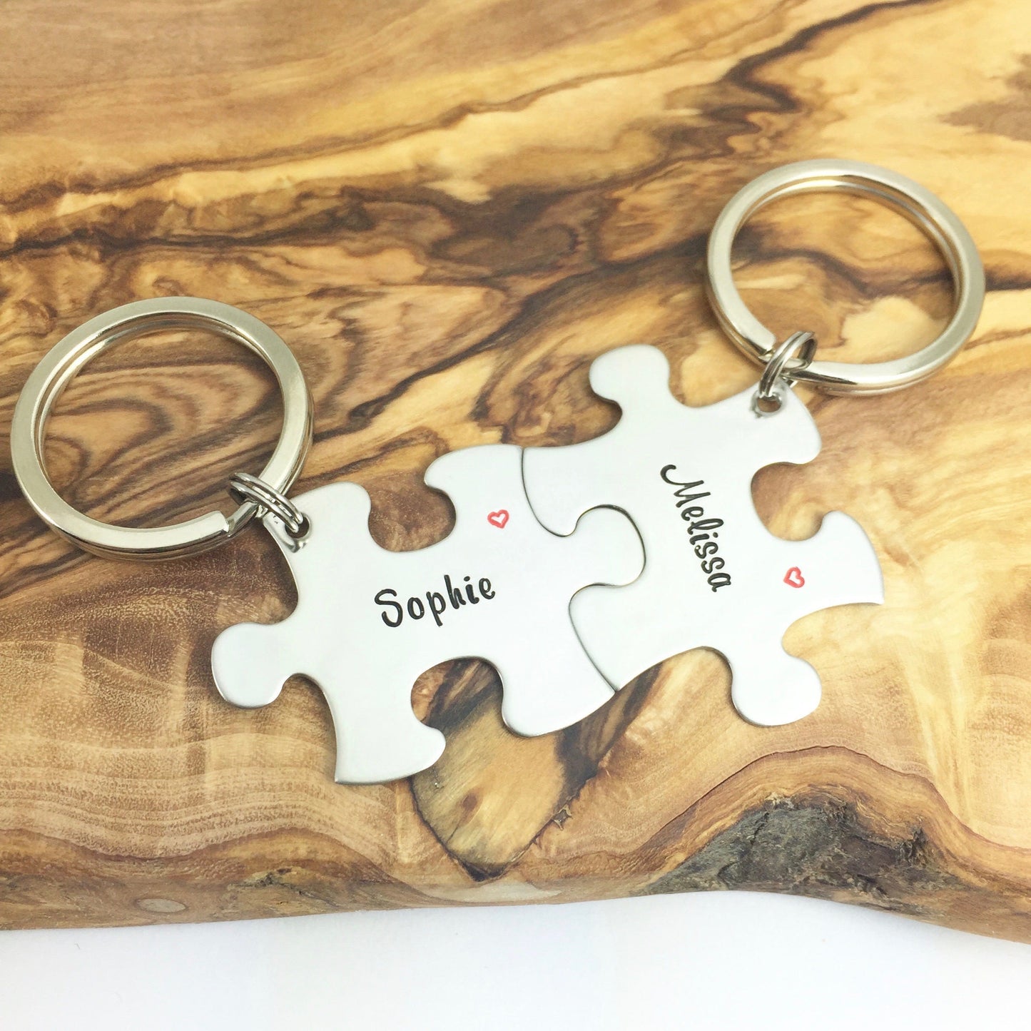 Couple's Gift • 11th Anniversary • Matching Interlocking Steel Puzzle Piece Keyring Set • Jigsaw Name Key Rings • Steel • Valentines Gift