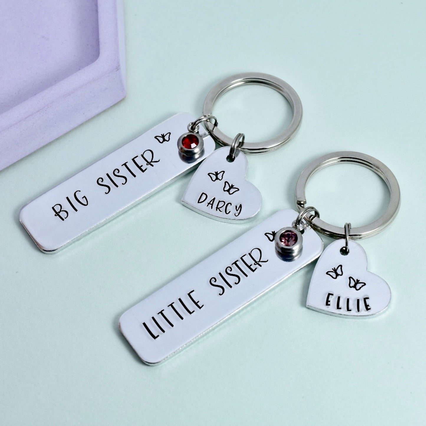 Personalised Sibling Key Rings • Sister Gift • Big, Middle and Little Sis Keyrings • With Birthstones • Family Present • Matching Keyrings