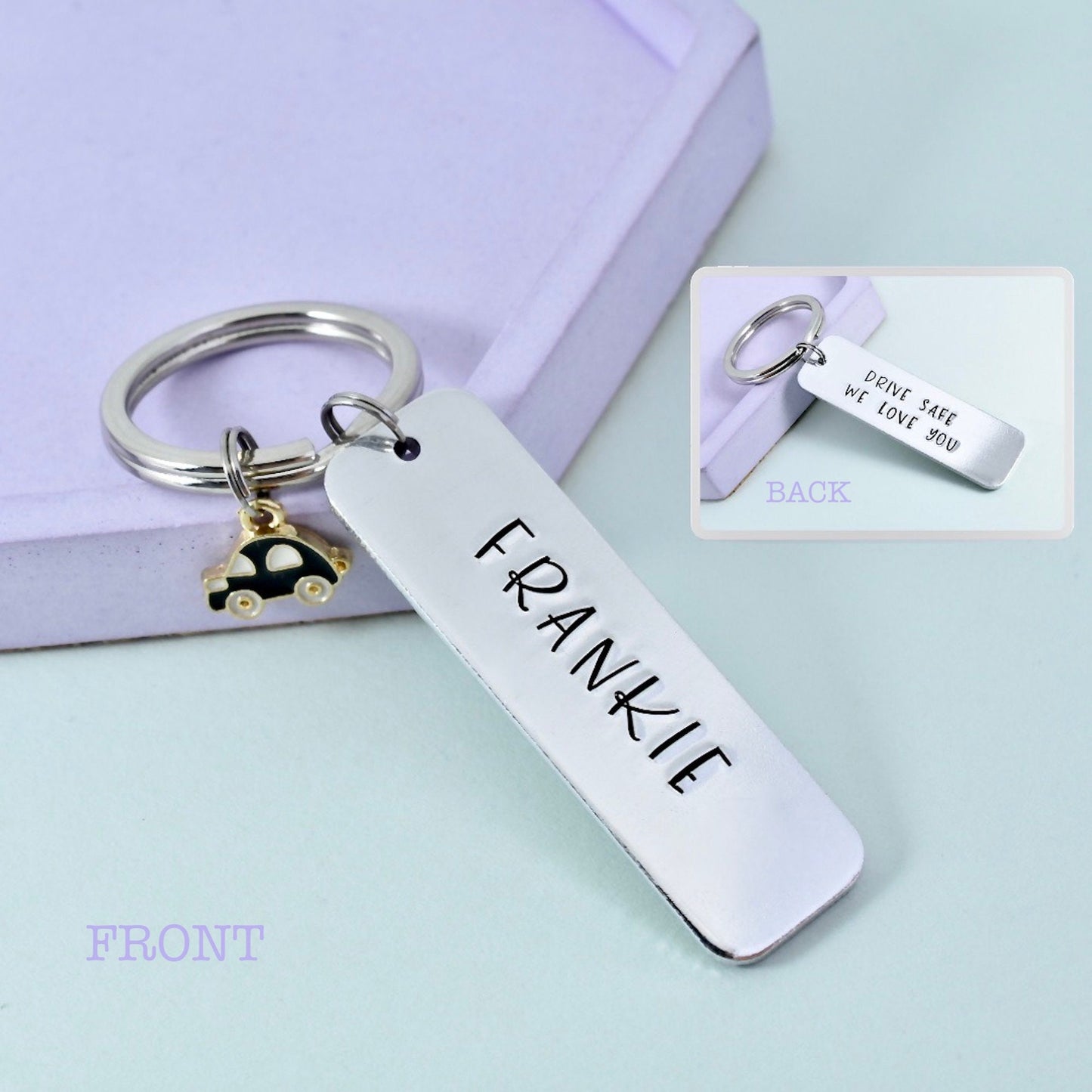 New Driver Silver rectangle keyring. shows drive safe we love you on the back and personalised name on the front with black car charm