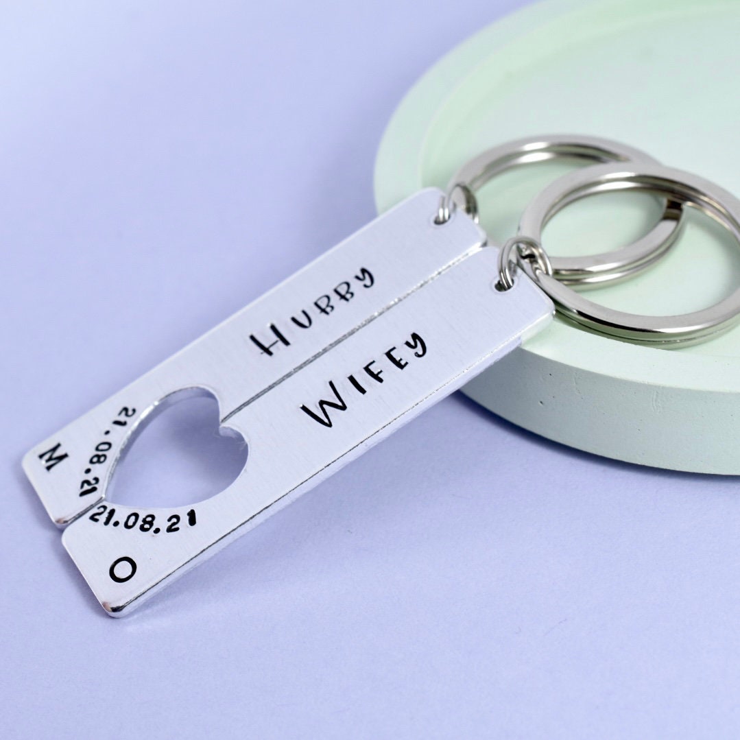 Hubby and Wifey Keyring Set •  Personalised Couple's Matching Gift •  Wedding Date • Wife and Wife • Husband and Husband •  Anniversary Gift