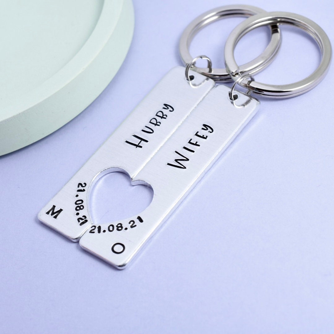 Hubby and Wifey Keyring Set •  Personalised Couple's Matching Gift •  Wedding Date • Wife and Wife • Husband and Husband •  Anniversary Gift