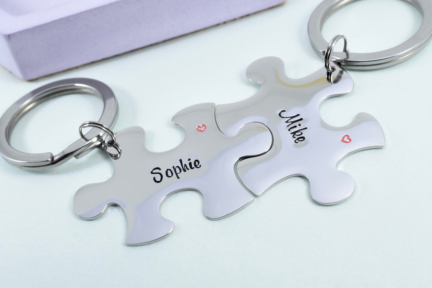 Couple's Gift • 11th Anniversary • Matching Interlocking Steel Puzzle Piece Keyring Set • Jigsaw Name Key Rings • Steel • Valentines Gift