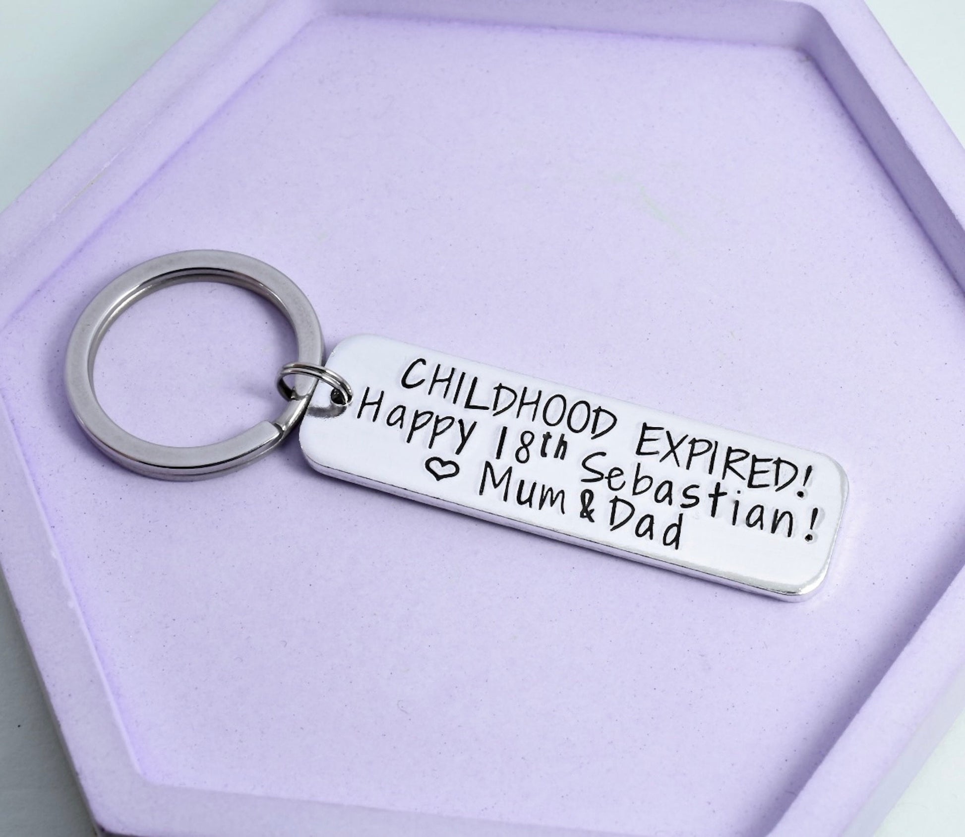 18th birthday keyring. Personalised CHILDHOOD EXPIRED silver rectangle keyring