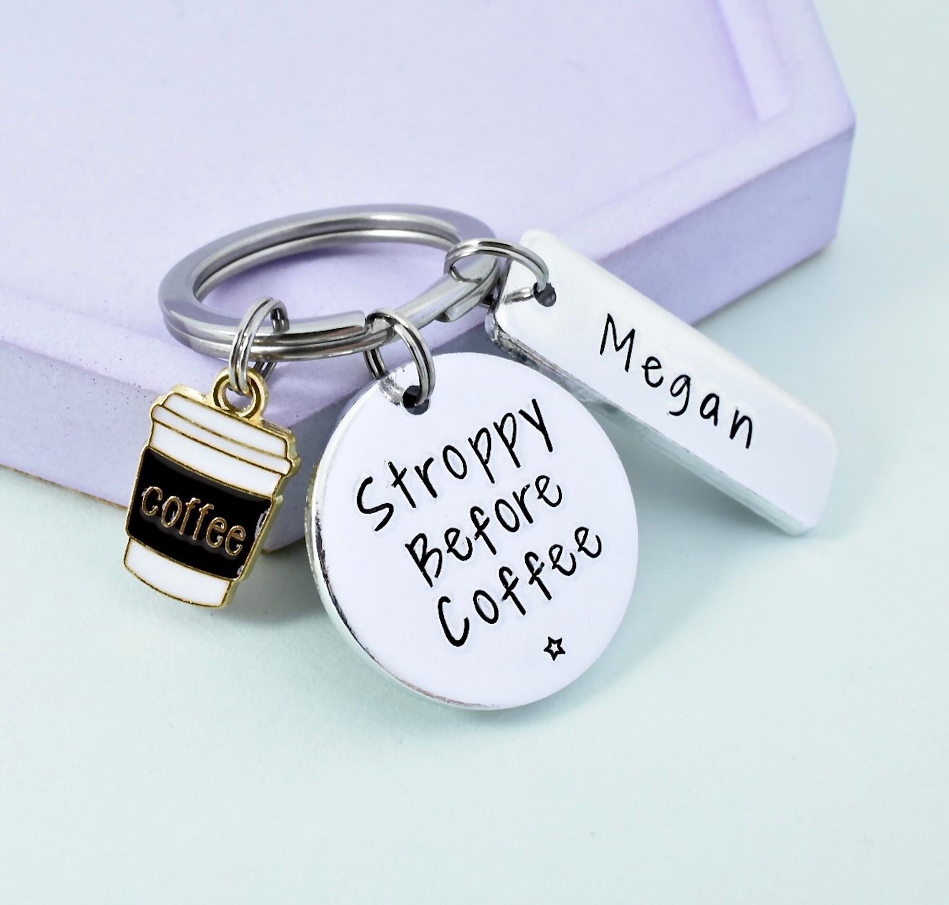 Stroppy Before Coffee silver disc keyring with persoanlsied rectangle charm and coffee charm