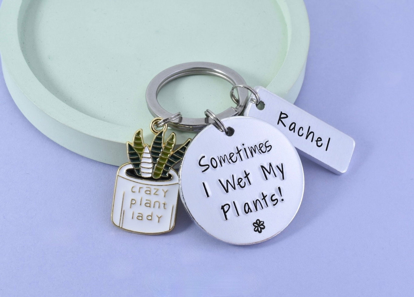 A personalised keyring with a metal disc stamped with 'Sometimes I Wet My Plants!' and a small houseplant charm attached to it, with the name 'Rachel' printed on the disc.