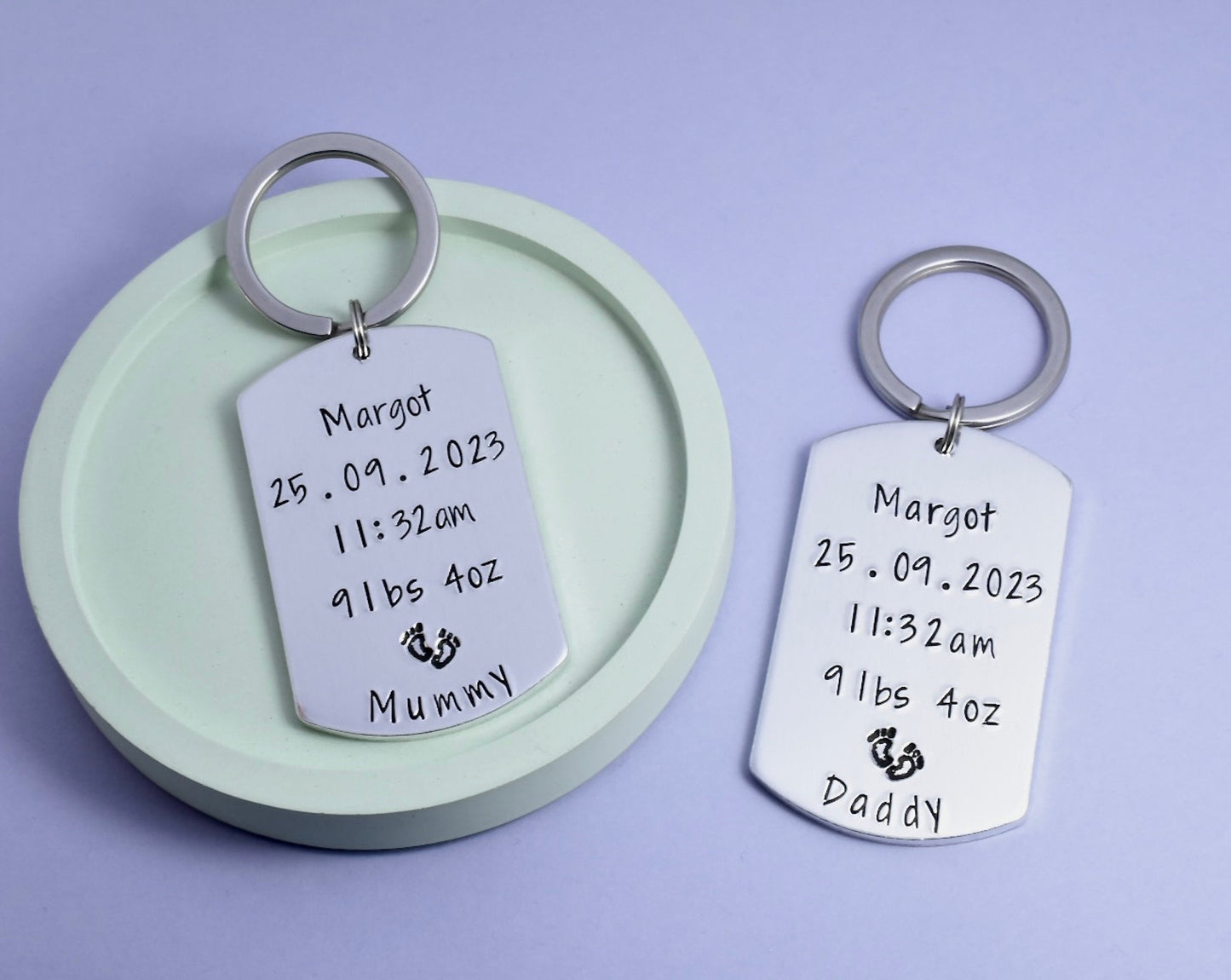 Personalised New Baby Gift • For Mummy and Daddy • Birth Details Keepsake Keyring Set • New Grandparents • With Weight, Time, Date and Name