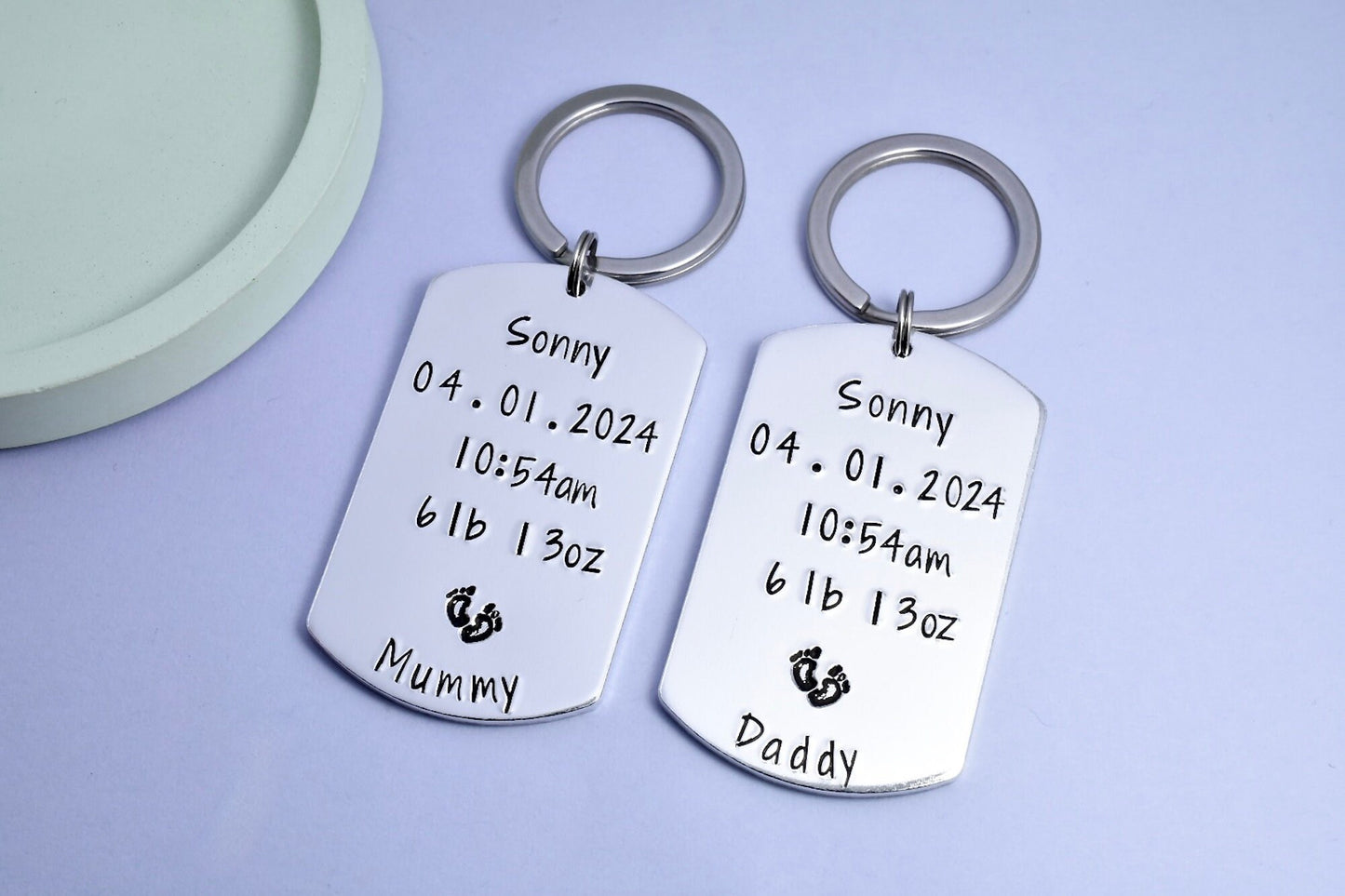 Personalised New Baby Gift • For Mummy and Daddy • Birth Details Keepsake Keyring Set • New Grandparents • With Weight, Time, Date and Name