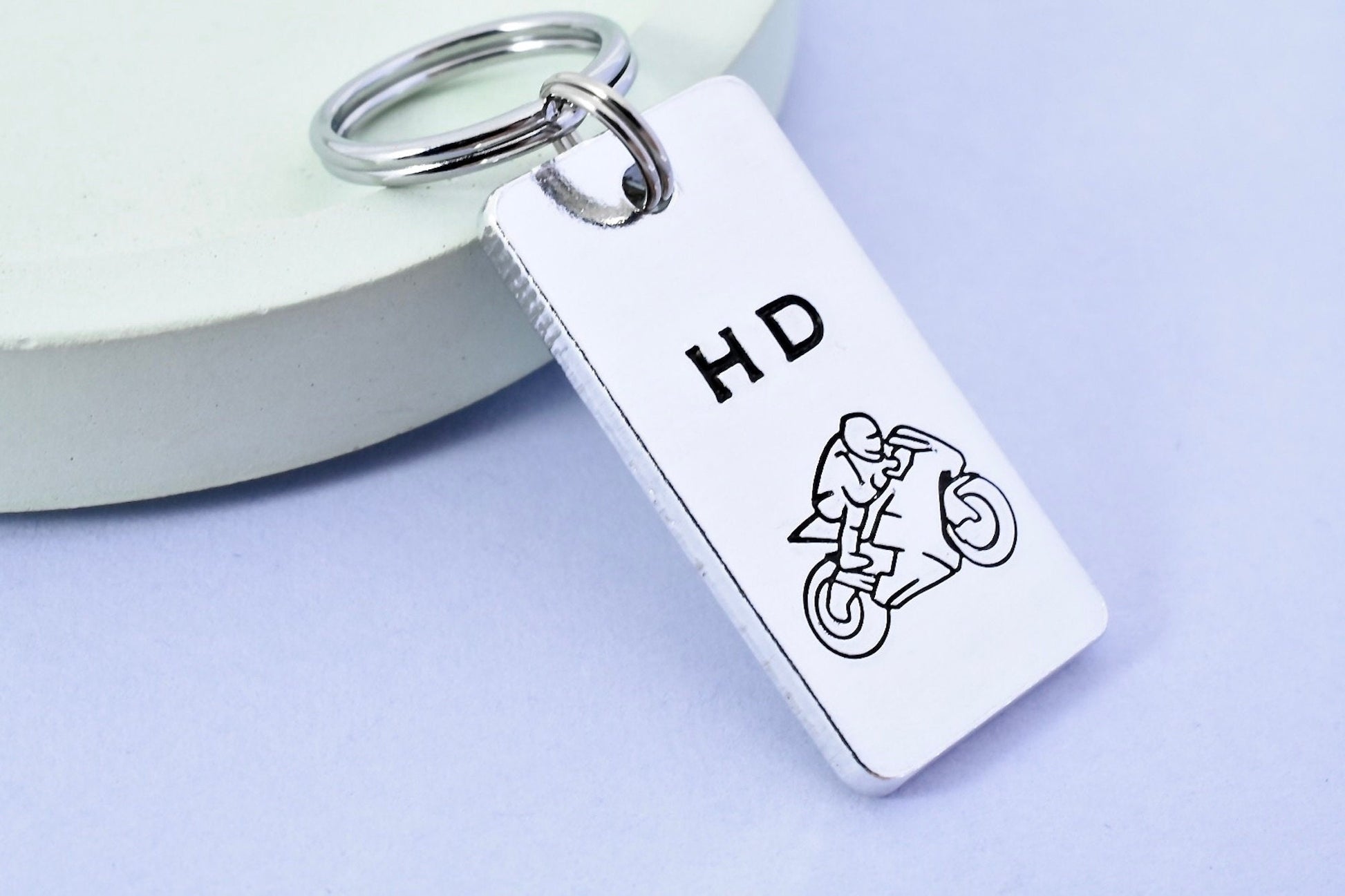 Motorcycle keyring. silver rectangle keyring with motorbike design and initials